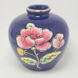 Vintage Japanese Floral Design Sparkling Ceramic Vase Small Colbalt Blue